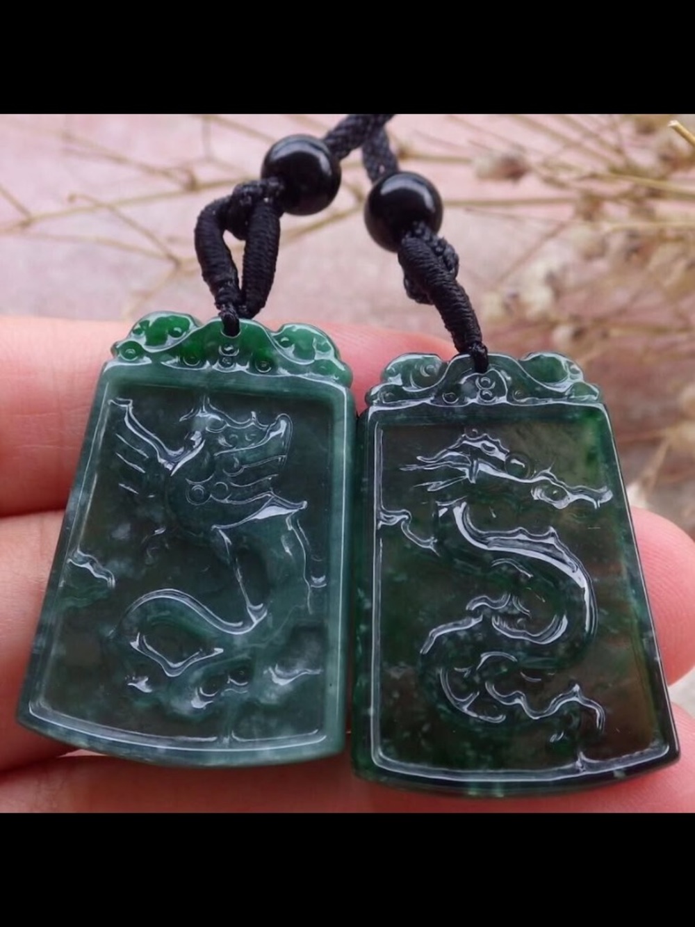 Dragon phoenix icy green certificate jadeite jade wedding pair dark green